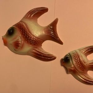 Vintage set of Maroon MCM Fish Wall Plaques - Chalkware (possibly Miller Studio)